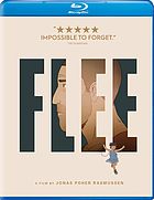 The title of the film, Flee, in transparent letters with the image of a man's face behind it in animation.  A child is joyfully running beneath the letters.