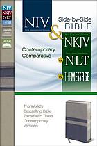 Contemporary comparative side-by-side Bible : New International version, New King James version, New Living Translation, The Message.